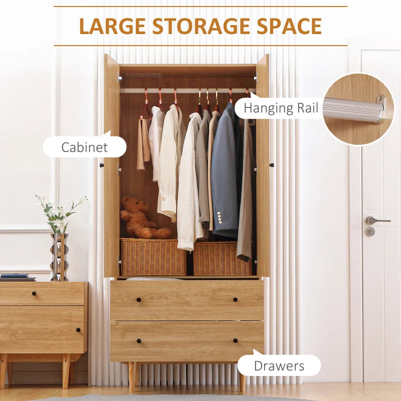 Natural Tone Wardrobe with 2 Doors, 2 Drawers, Hanging Rail - Bedroom Clothes Storage 80x52x180cm