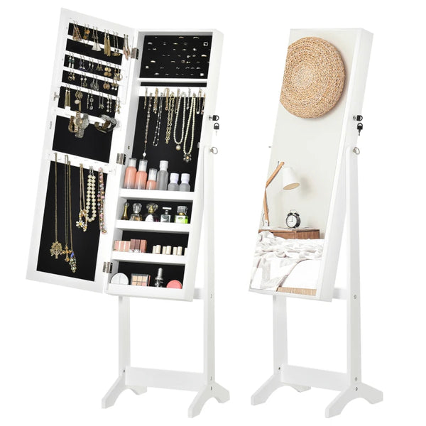White Full Length Mirror Jewellery Cabinet with Storage and Lock