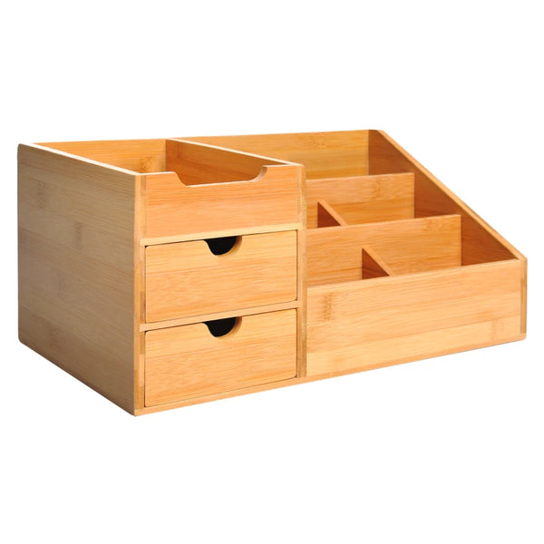 Natural Wood Desk Organizer with 7 Compartments and 2 Drawers