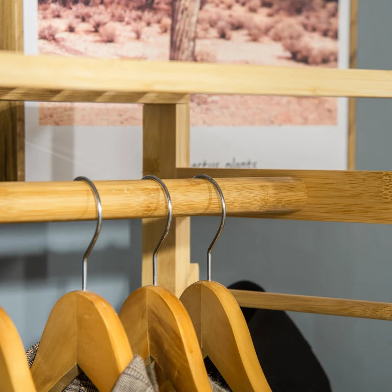 Natural Bamboo Garment Rack with Storage Shelf and Hanging Rail