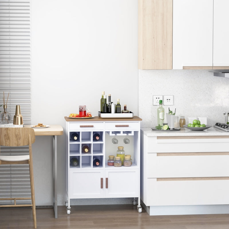 Rolling Kitchen Cart Sideboard Island - White Portable Storage Cabinet with Wine Racks