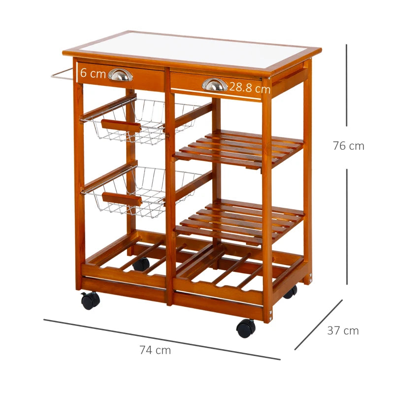 Rolling Kitchen Cart with Drawers, Baskets, Wine Rack & Tile Top - Natural Wood