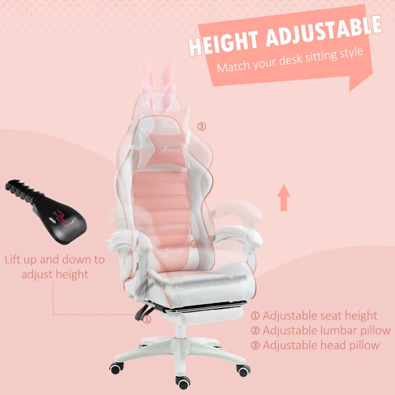 Pink Racing Gaming Chair with Rabbit Ears, Footrest, Headrest & Lumbar Support