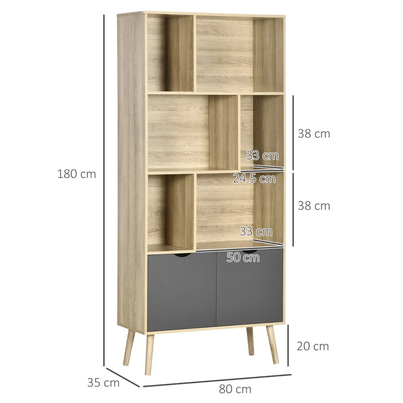 Modern Bookcase with Bottom Cabinet and 6 Open Shelves, Natural & Dark Grey