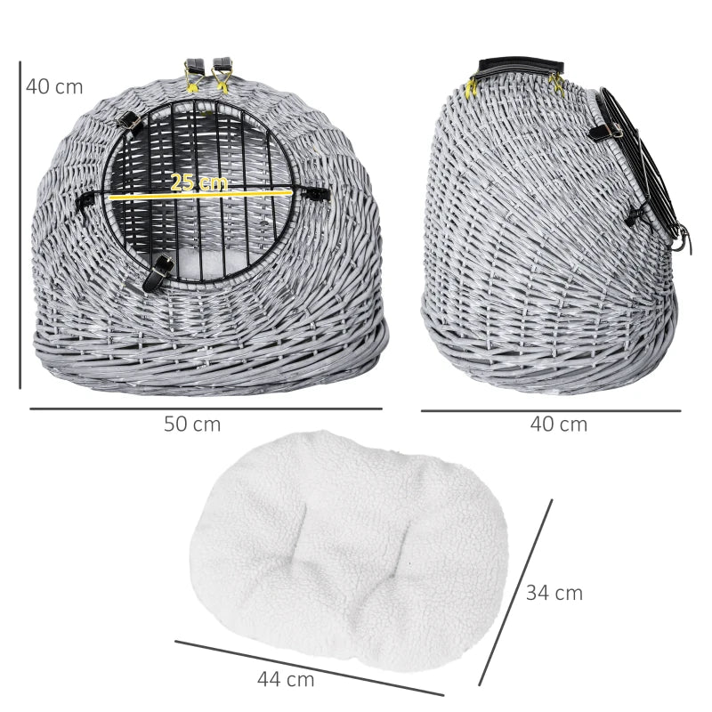 Grey Wicker Pet Carrier Basket with Soft Cushion Handle - 50 x 40 x 40 cm