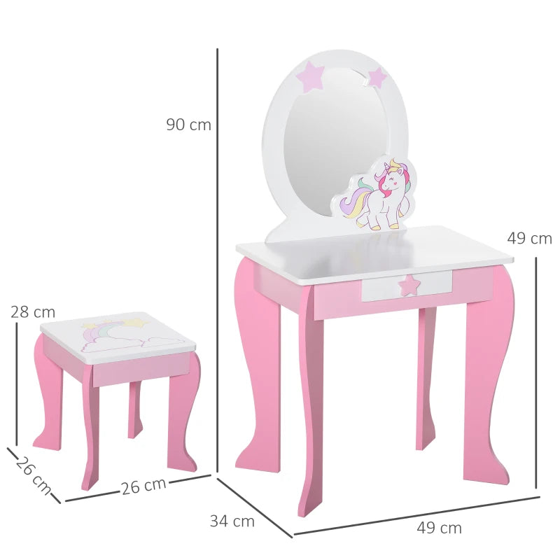 Kids Pink Dressing Table Set with Mirror and Stool