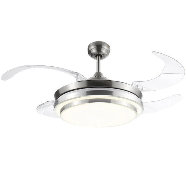 Modern White Ceiling Fan with Retractable Blades and Dimmable LED Light