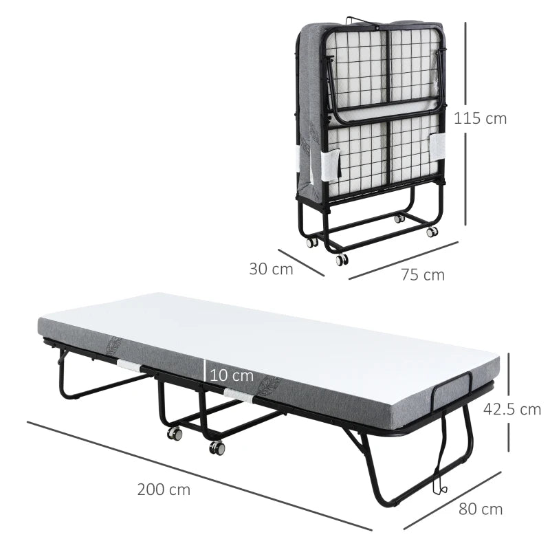 Portable Folding Guest Bed with 10cm Mattress and Metal Frame - Grey