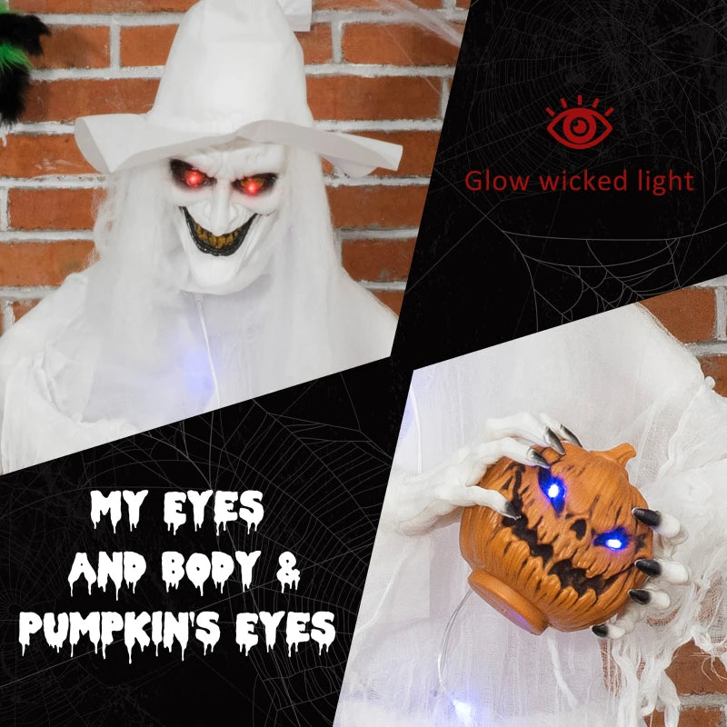 Life Size White Witch Skeleton Halloween Decoration with Light-Up Eyes