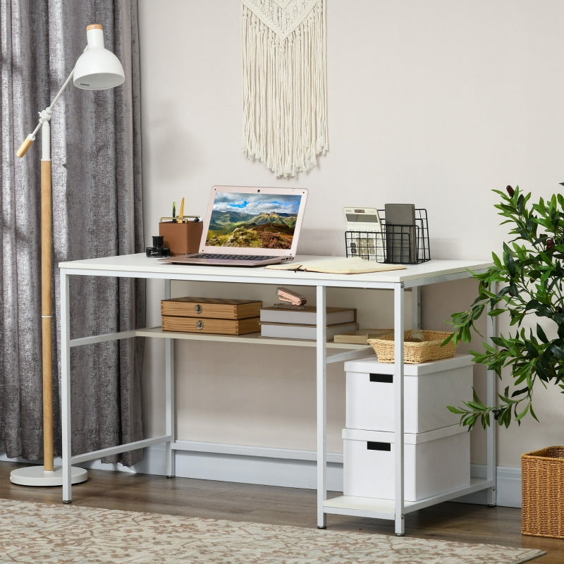 White Home Office Desk with Storage, 120 x 60cm, 2 Shelves, Steel Frame