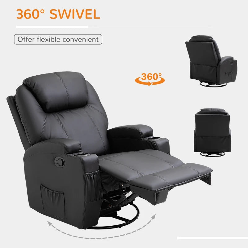 Black Swivel Recliner Armchair with Massage and Drink Holders