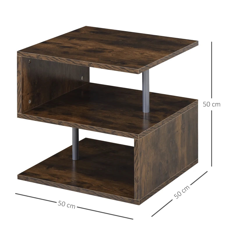 Rustic Brown Wooden S-Shaped Coffee Table with 2-Tier Storage Shelves