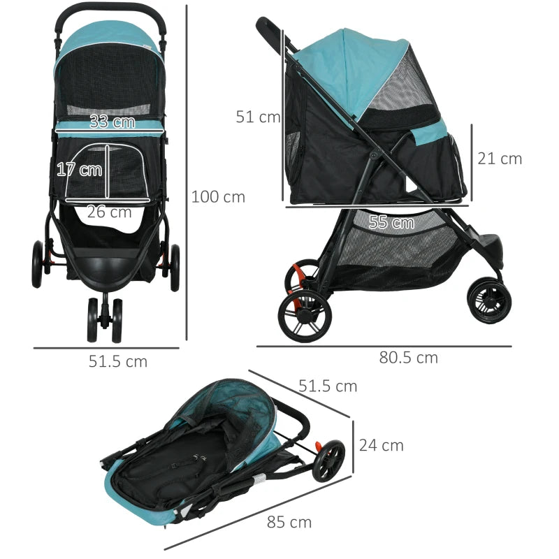 Foldable Pet Stroller with Rain Cover - Dark Green, XS/S Dogs