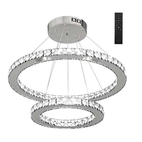 Silver LED Crystal Ring Chandelier - Dimmable Pendant Light with Remote Control