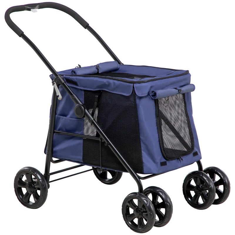 Foldable Pet Stroller with Cushion and Storage Bags, Dark Blue