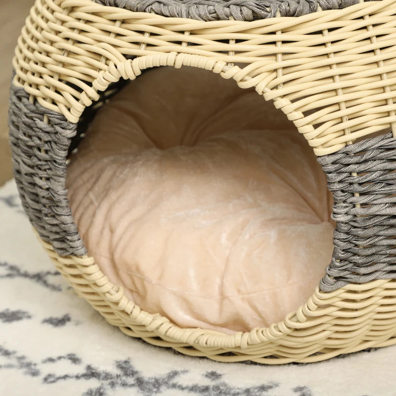 Rattan Wicker Cat Bed, Cozy Kitten Cave, Grey, Washable Cushion, 40x30cm