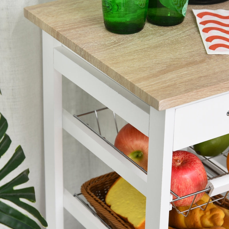 White Rolling Kitchen Island Trolley with Metal Baskets and Shelves