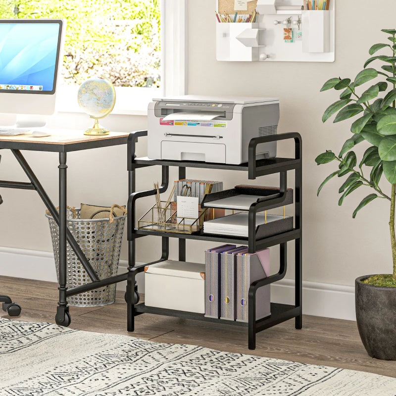 Black 3-Tier Printer Stand with Storage Shelves, 55 x 40 x 77cm - Home Office Printer Table