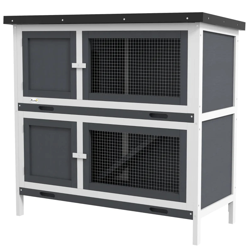 Grey 2 Tier Outdoor Rabbit Hutch with Sliding Tray, 100 x 47 x 91cm