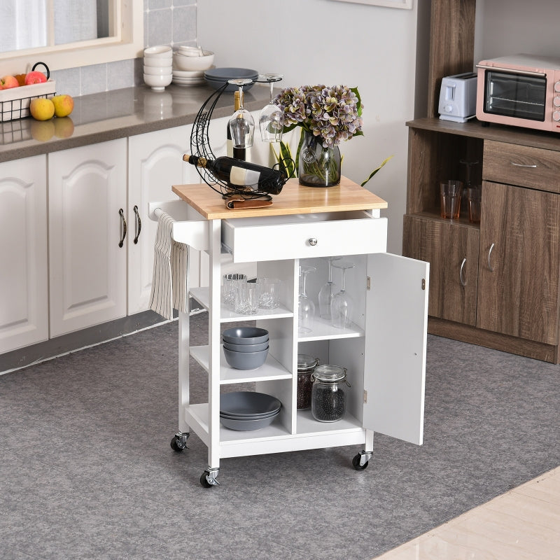 White Kitchen Trolley with Wood Top, 3 Shelves, and Storage Cupboard