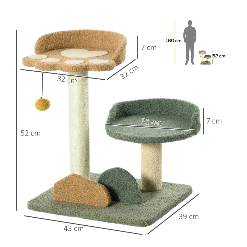 52cm Small Cat Tree with Scratching Posts, Beds, Toy Ball - Grey