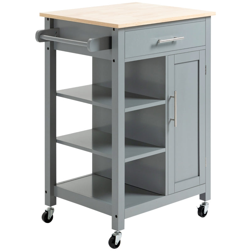 Grey Kitchen Utility Cart with Open Shelf & Drawer