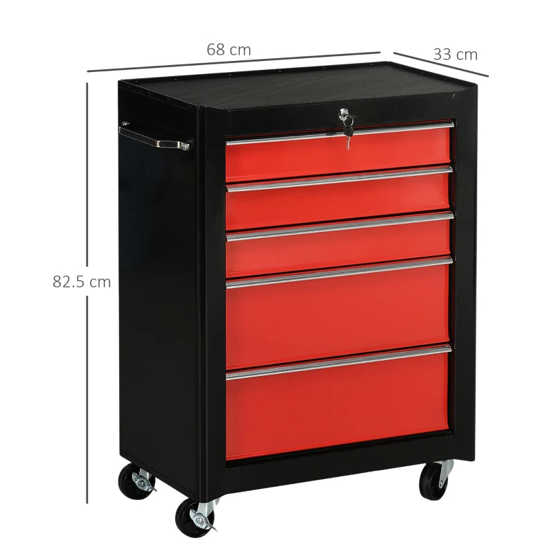 Red 5-Drawer Lockable Steel Tool Chest with Wheels and Handle