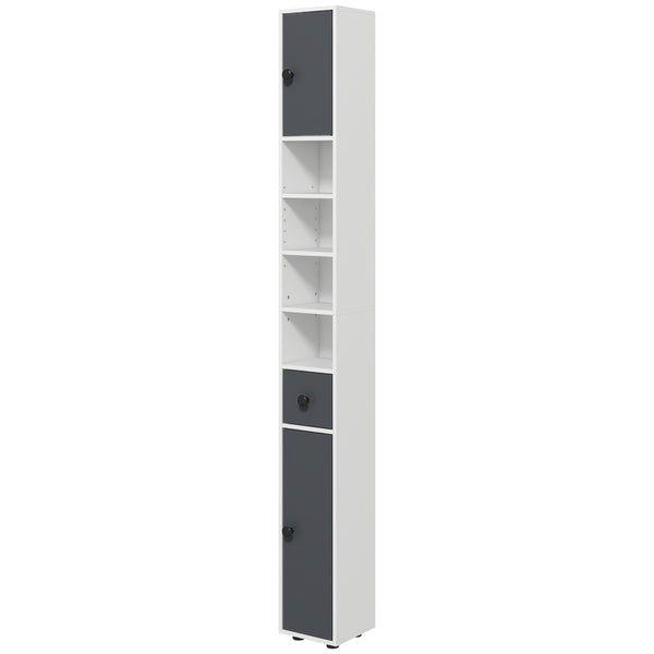 Grey 180cm Slim Bathroom Storage Cabinet with Drawer, Shelves, and Cupboards