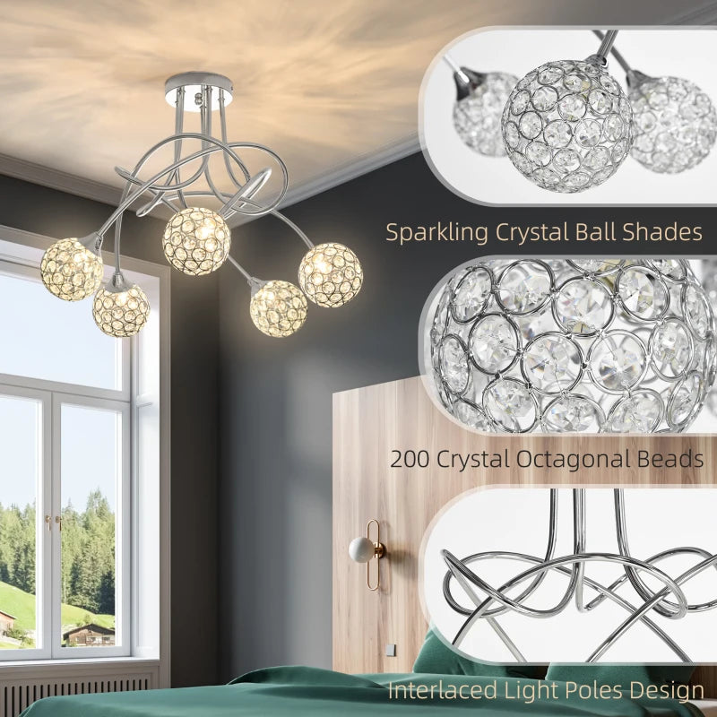 Crystal Ball Chandelier Pendant Light - Silver, 5 Lampshades, 5 G9 Bulbs