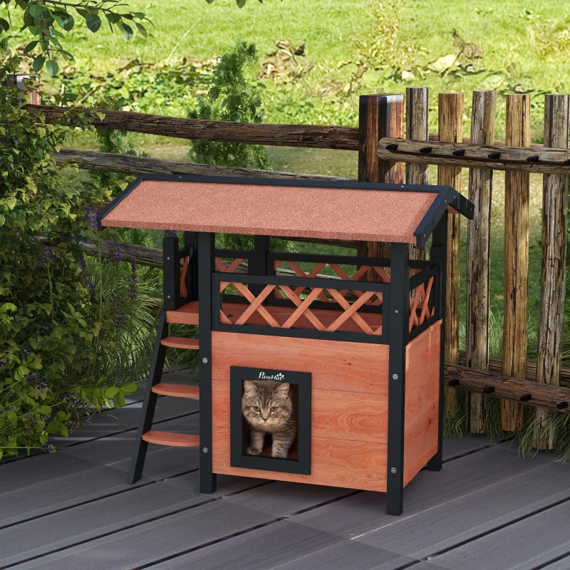 Brown Outdoor Cat House with Balcony and Stairs, 77 x 50 x 73 cm