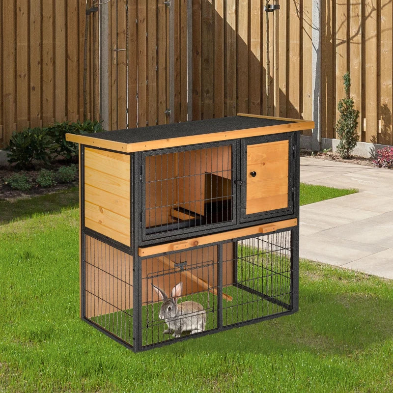 Small Pet Outdoor Hutch with Ramp and Roof, Light Yellow