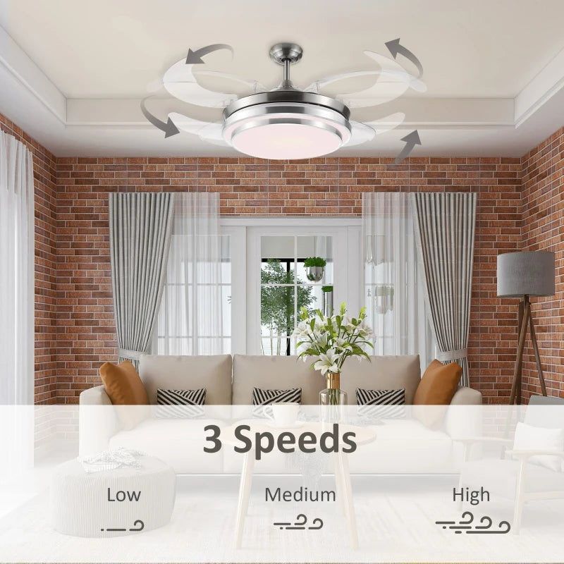 Modern White Ceiling Fan with Retractable Blades and Dimmable LED Light