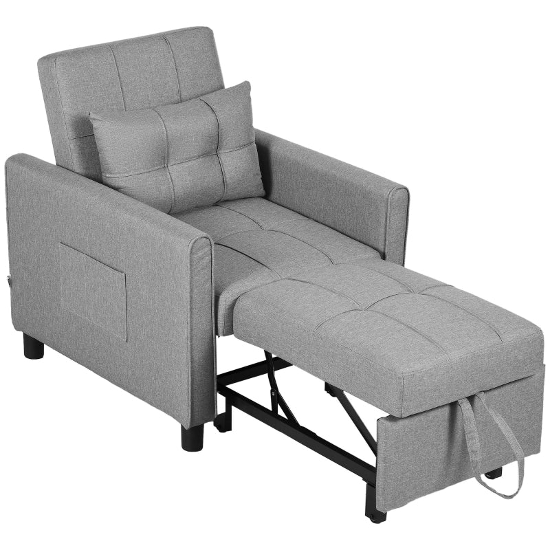 Convertible Sleeper Chair with Adjustable Backrest and Side Pockets, Light Grey