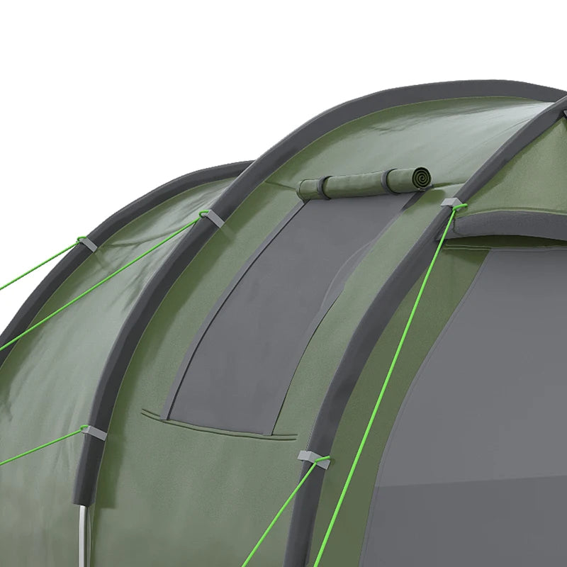 Green 3-4 Person Two-Room Tunnel Camping Tent with Windows and Carry Bag