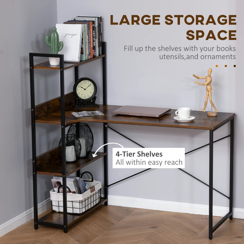 Brown 4-Tier Storage Computer Desk with Bookshelf, Metal Frame - 120 x 70 x 120cm