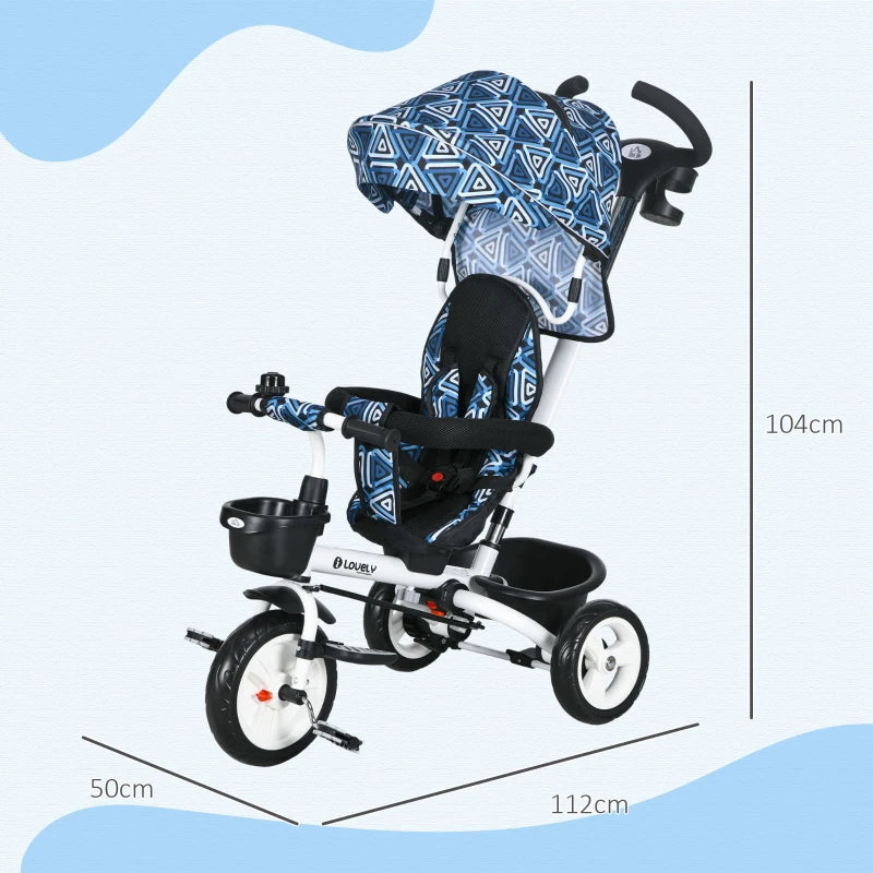 Light Blue 6-in-1 Baby Push Tricycle with Parent Handle, 1-5 Years