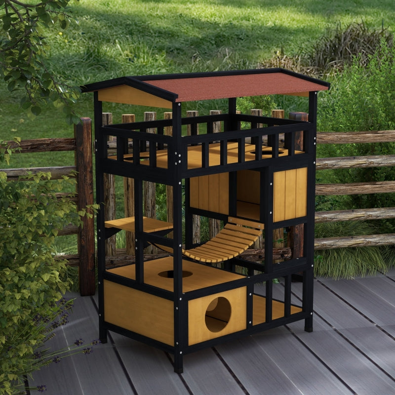 Wooden Cat House with Bridge & Balcony - 4-Tier Outdoor Design