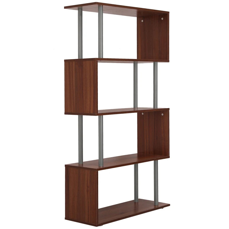 Modern Walnut S-Shaped 4-Tier Wooden Bookcase with Steel Frame