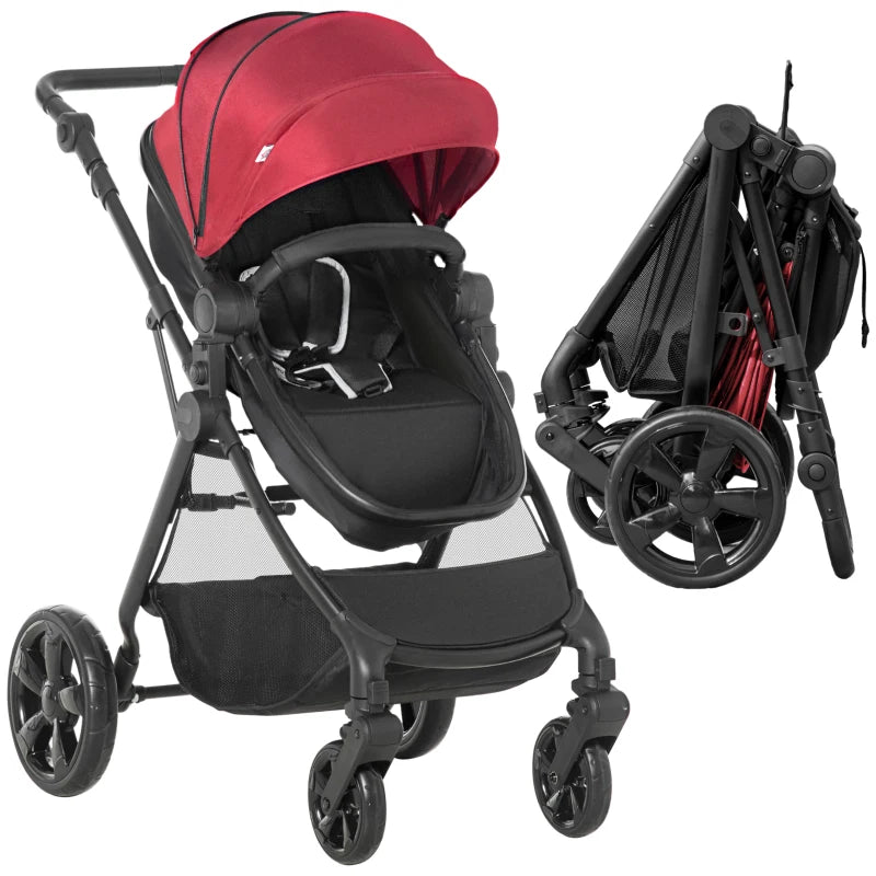 Red Foldable Baby Stroller with Reclining Backrest and Adjustable Canopy