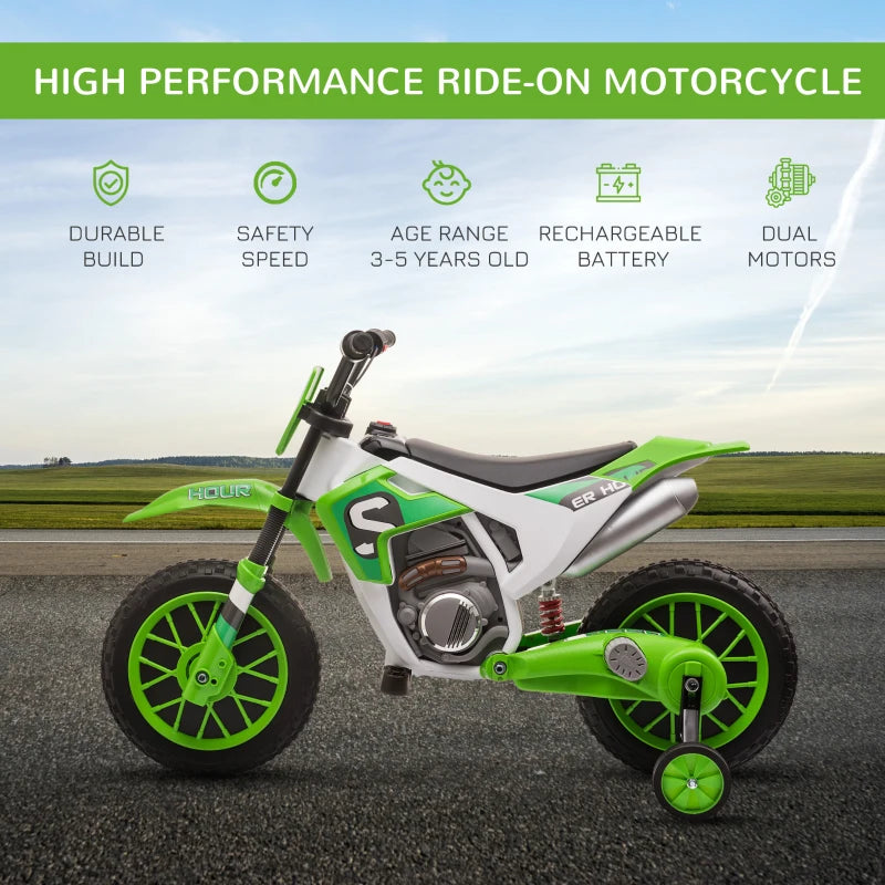 Green Kids Electric Motorcycle with Training Wheels, Ages 3-6