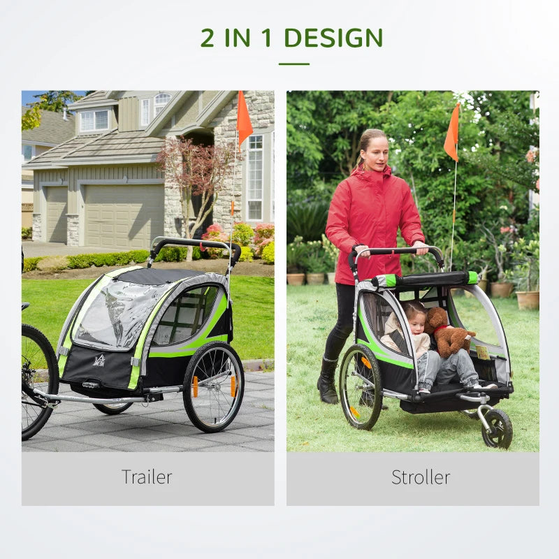 Green 2-Seater Child Bike Trailer & Stroller Combo with Safety Features