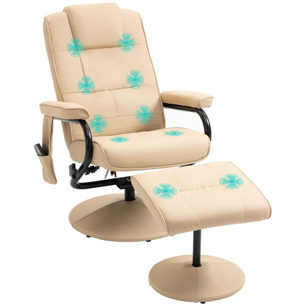 Cream Manual Reclining Armchair with Massage Function and Ottoman