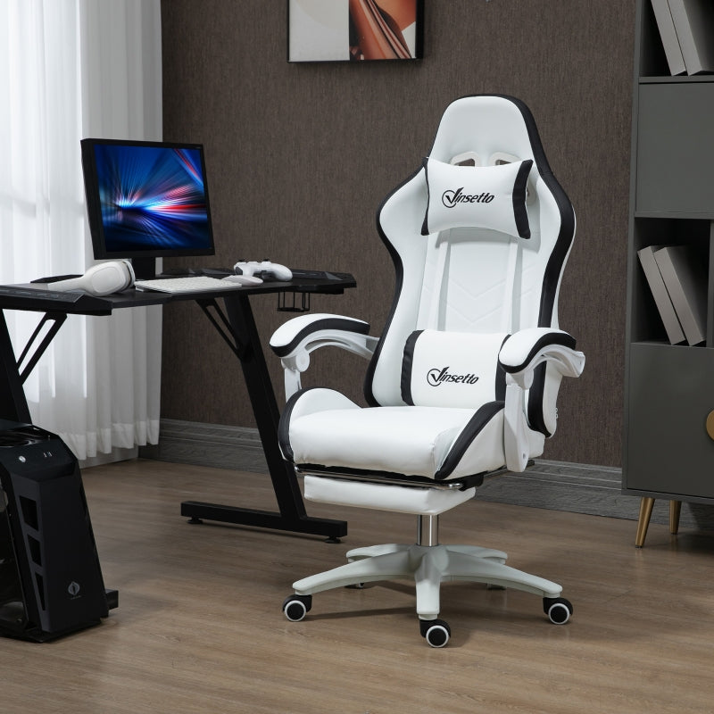 White & Black Racing Gaming Chair with Footrest and Swivel Seat