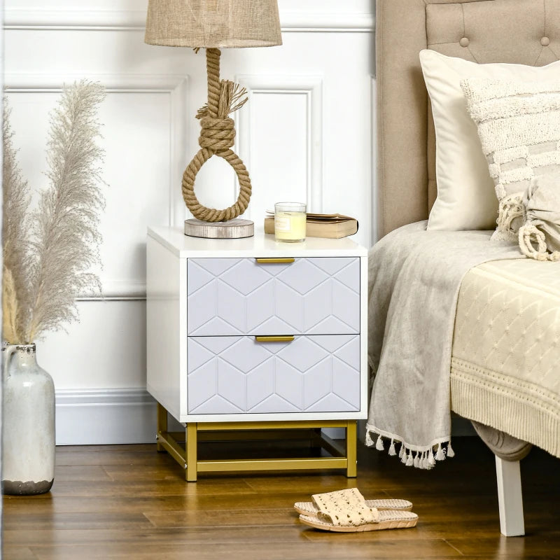 Grey and White 2-Drawer Bedside Table with Steel Frame