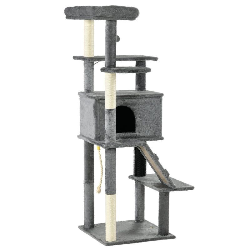 Grey Cat Tree Tower with Scratching Post and Toy