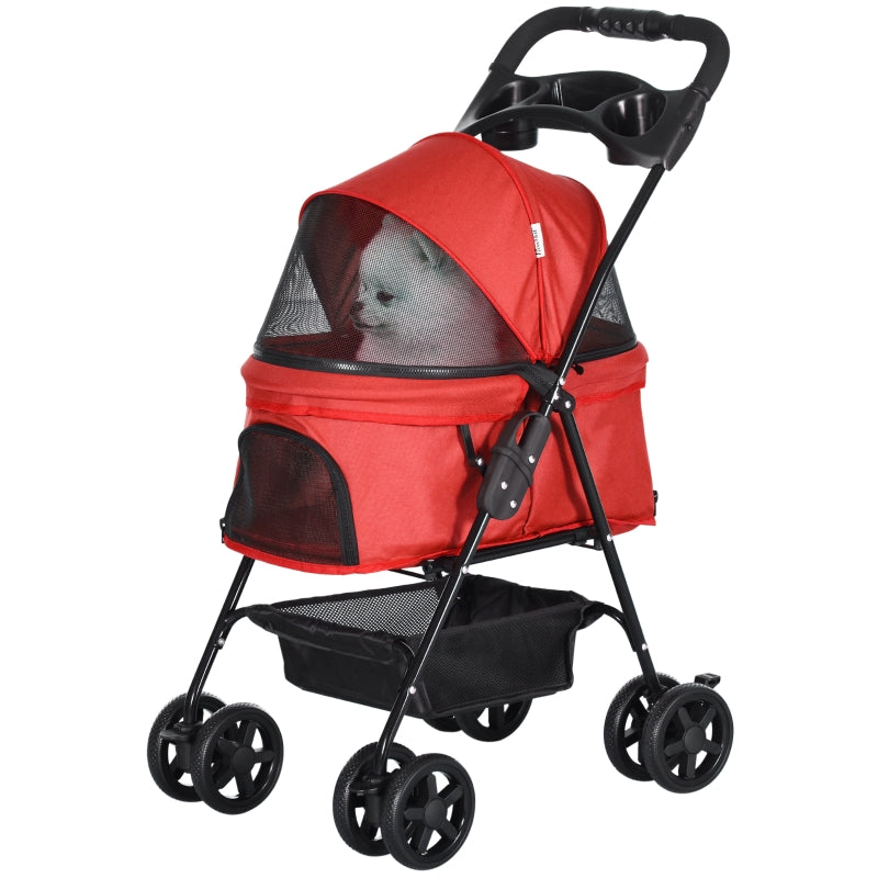 Red Pet Stroller with Canopy, 4 Wheels, Leashes, Storage Basket