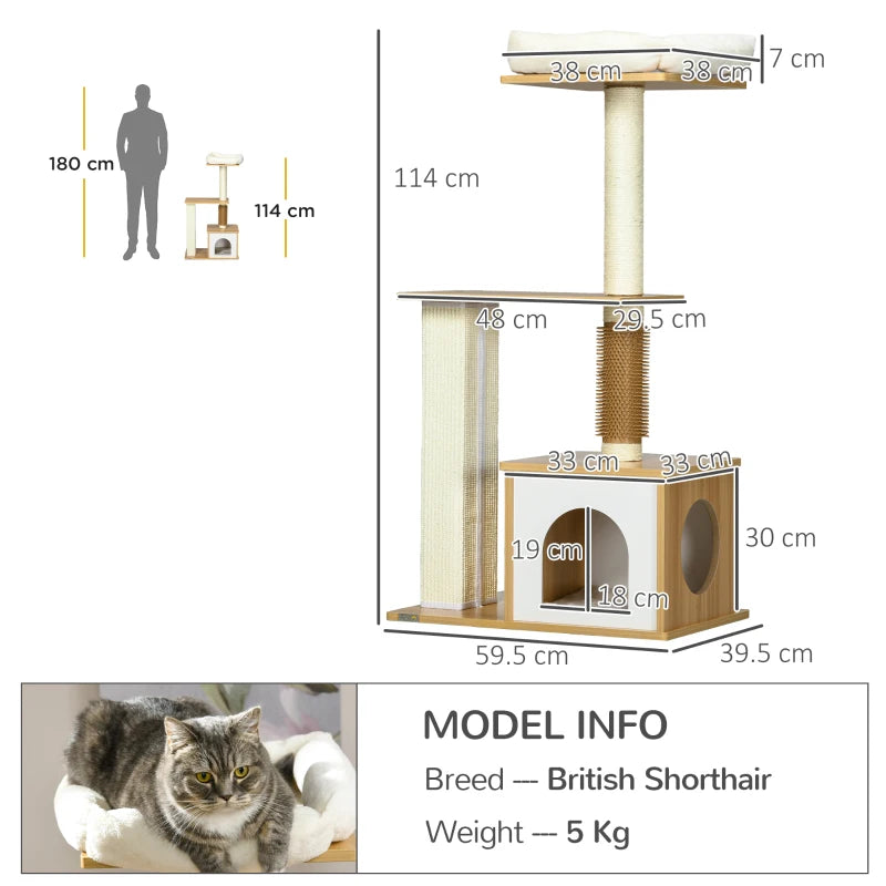 Oak Tone Cat Tree with Scratching Posts and Perches - 59.5 x 39.5 x 114cm