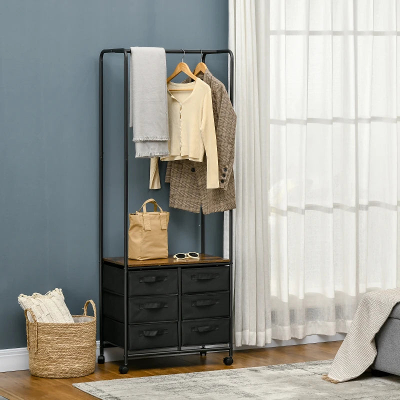 Rustic Brown Hanging Clothes Rail with 6 Fabric Drawers