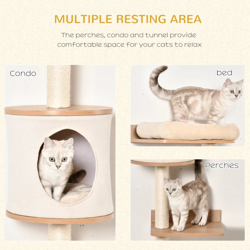 Beige Wall-Mounted Cat Tree with House, Bed, Scratching Post