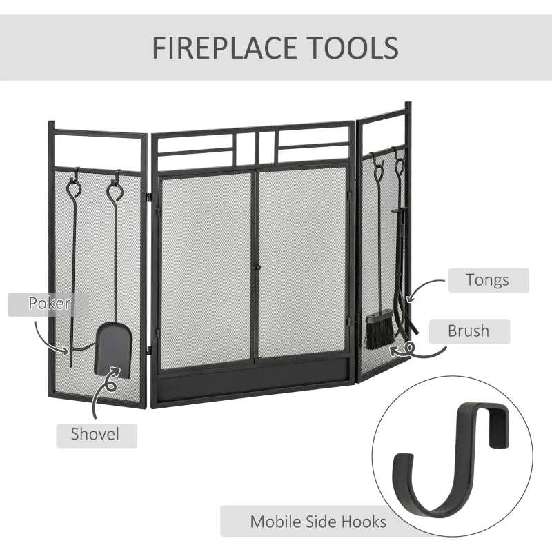 Black 3-Panel Fireplace Screen Set with Tools, Steel Mesh Guard & Double Door, 122x80 cm
